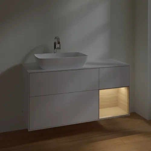 VILLEROY BOCH Toaletní skříňka Finion, s osvětlením, 3 výsuvy, 1200 x 603 x 501 mm, lesklý bílý lak / dubová dýha / sklo bílé matné #F811PCGF, obrázek 5