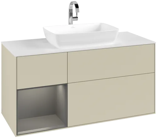 VILLEROY BOCH Toaletní skříňka Finion, s osvětlením, 3 výsuvy, 1200 x 603 x 501 mm, hedvábně šedý matný lak / antracitový matný lak / bílé matné sklo #F821GKHJ