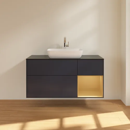 VILLEROY BOCH Toaletní skříňka Finion, s osvětlením, 3 výsuvy, 1200 x 603 x 501 mm, Midnight Blue Matt Lacquer / Gold Matt Lacquer / Glass Black Matt #F832HFHG, obrázek 3