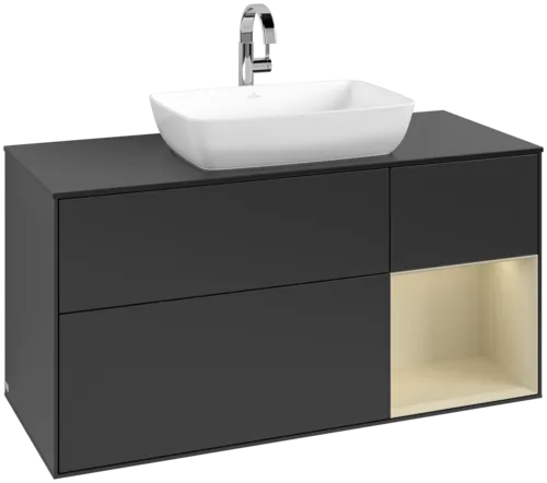 VILLEROY BOCH Toaletní skříňka Finion, s osvětlením, 3 výsuvy, 1200 x 603 x 501 mm, černý matný lak / hedvábně šedý matný lak / černé matné sklo #F832HJPD