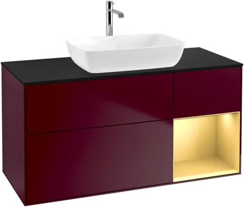 VILLEROY BOCH Toaletní skříňka Finion, s osvětlením, 3 výsuvy, 1200 x 603 x 501 mm, Peony Matt Lacquer / Gold Matt Lacquer / Glass Black Matt #F832HFHB, obrázek 1