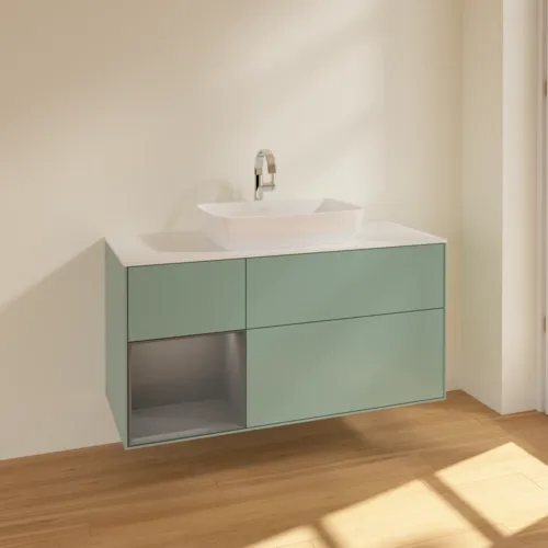 VILLEROY BOCH Toaletní skříňka Finion, s osvětlením, 3 výsuvy, 1200 x 603 x 501 mm, olivový matný lak / antracitový matný lak / bílé matné sklo #F821GKGM, obrázek 2