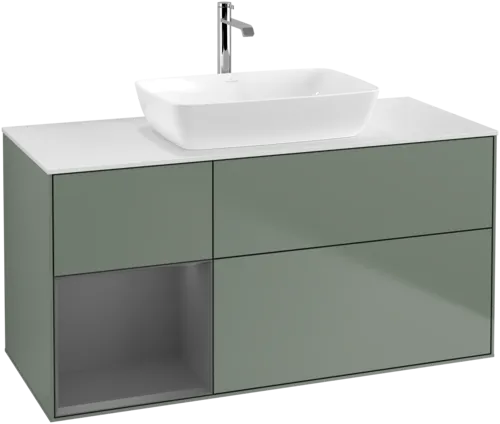 VILLEROY BOCH Toaletní skříňka Finion, s osvětlením, 3 výsuvy, 1200 x 603 x 501 mm, olivový matný lak / antracitový matný lak / bílé matné sklo #F821GKGM, obrázek 1