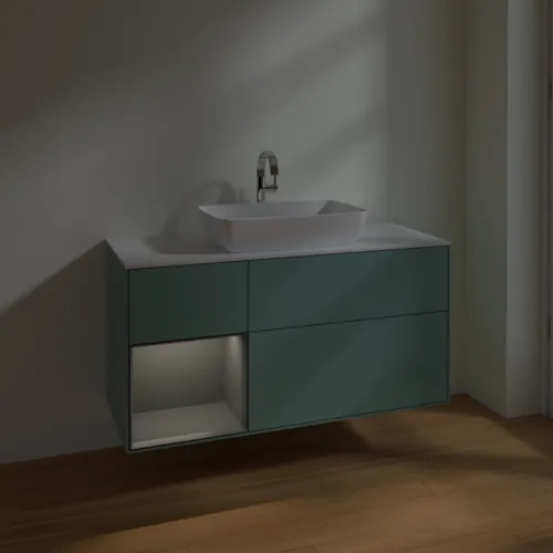 VILLEROY BOCH Toaletní skříňka Finion, s osvětlením, 3 výsuvy, 1200 x 603 x 501 mm, olivový matný lak / antracitový matný lak / bílé matné sklo #F821GKGM, obrázek 5
