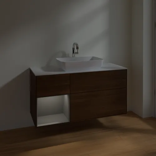 VILLEROY BOCH Toaletní skříňka Finion, s osvětlením, 3 výsuvy, 1200 x 603 x 501 mm, ořechová dýha / antracitový matný lak / bílé matné sklo #F821GKGN, obrázek 5