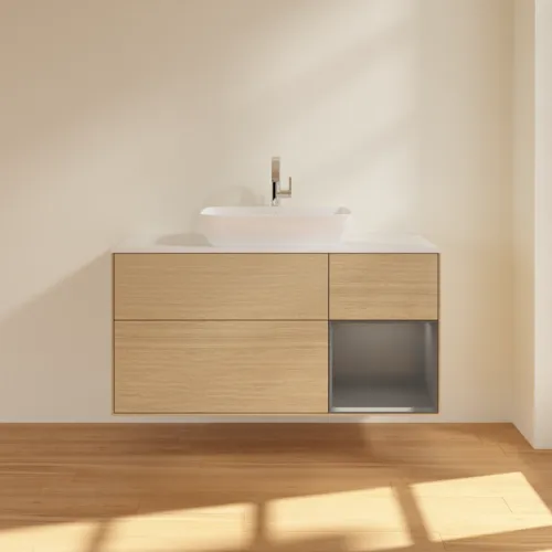 VILLEROY BOCH Toaletní skříňka Finion, s osvětlením, 3 výsuvy, 1200 x 603 x 501 mm, dubová dýha / antracitový matný lak / bílé matné sklo #F831GKPC, obrázek 3