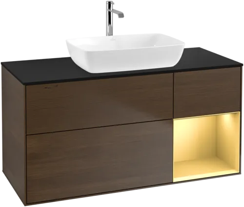 VILLEROY BOCH Toaletní skříňka Finion, s osvětlením, 3 výsuvy, 1200 x 603 x 501 mm, ořechová dýha / zlatý matný lak / černé matné sklo #F832HFGN, obrázek 1
