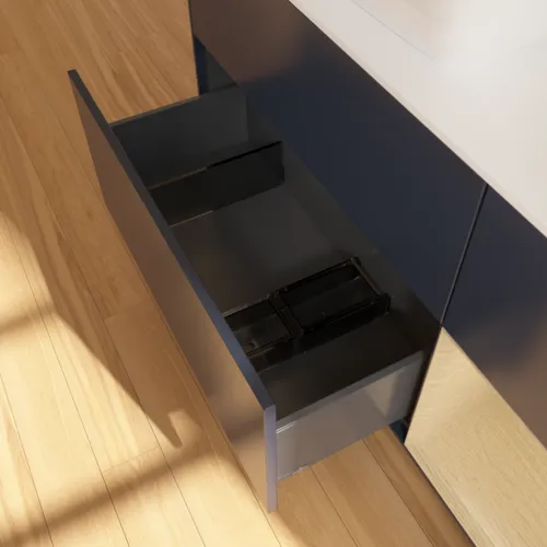 VILLEROY BOCH Toaletní skříňka Finion, s osvětlením, 3 výsuvy, 1200 x 603 x 501 mm, matný lak Midnight Blue / dubová dýha / matné bílé sklo #F811PCHG, obrázek 7