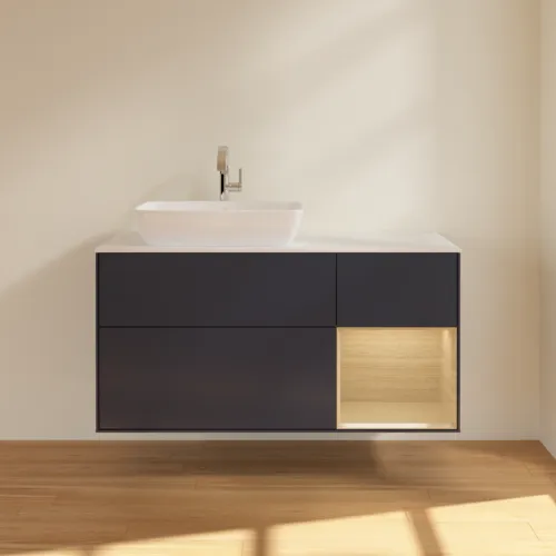 VILLEROY BOCH Toaletní skříňka Finion, s osvětlením, 3 výsuvy, 1200 x 603 x 501 mm, matný lak Midnight Blue / dubová dýha / matné bílé sklo #F811PCHG, obrázek 3