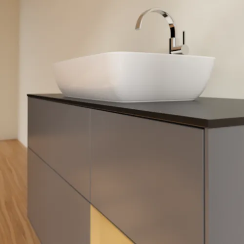 VILLEROY BOCH Toaletní skříňka Finion, s osvětlením, 3 výsuvy, 1200 x 603 x 501 mm, antracit matný lak / zlatý matný lak / černé matné sklo #F832HFGK, obrázek 6