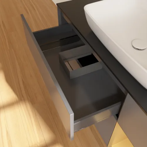 VILLEROY BOCH Toaletní skříňka Finion, s osvětlením, 3 výsuvy, 1200 x 603 x 501 mm, antracit matný lak / zlatý matný lak / černé matné sklo #F832HFGK, obrázek 8