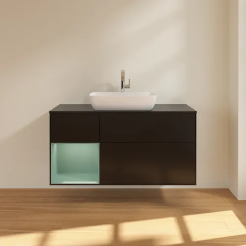 VILLEROY BOCH Toaletní skříňka Finion, s osvětlením, 3 výsuvy, 1200 x 603 x 501 mm, černý matný lak / olivový matný lak / černé matné sklo #F822GMPD, obrázek 3