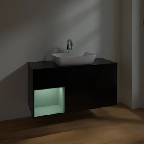 VILLEROY BOCH Toaletní skříňka Finion, s osvětlením, 3 výsuvy, 1200 x 603 x 501 mm, černý matný lak / olivový matný lak / černé matné sklo #F822GMPD, obrázek 5