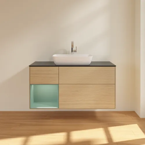 VILLEROY BOCH Toaletní skříňka Finion, s osvětlením, 3 výsuvy, 1200 x 603 x 501 mm, dubová dýha / olivově matný lak / sklo černé matné #F822GMPC, obrázek 3