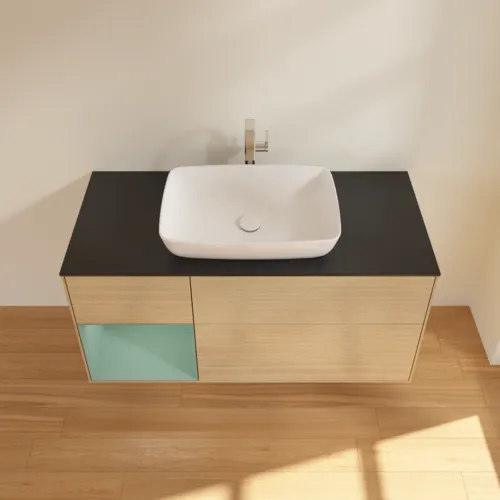 VILLEROY BOCH Toaletní skříňka Finion, s osvětlením, 3 výsuvy, 1200 x 603 x 501 mm, dubová dýha / olivově matný lak / sklo černé matné #F822GMPC, obrázek 4