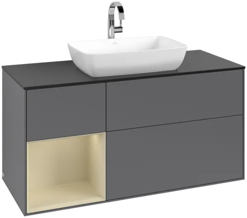 VILLEROY BOCH Toaletní skříňka Finion, s osvětlením, 3 výsuvy, 1200 x 603 x 501 mm, antracitový matný lak / hedvábně šedý matný lak / černé matné sklo #F822HJGK