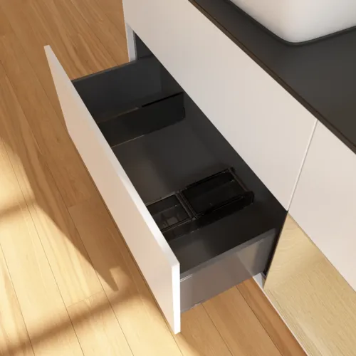 VILLEROY BOCH Toaletní skříňka Finion, s osvětlením, 3 výsuvy, 1200 x 603 x 501 mm, bílý matný lak / dubová dýha / černé matné sklo #F812PCMT, obrázek 7