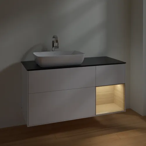VILLEROY BOCH Toaletní skříňka Finion, s osvětlením, 3 výsuvy, 1200 x 603 x 501 mm, bílý matný lak / dubová dýha / černé matné sklo #F812PCMT, obrázek 5