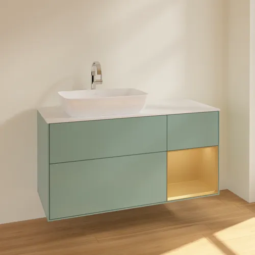 VILLEROY BOCH Toaletní skříňka Finion, s osvětlením, 3 výsuvy, 1200 x 603 x 501 mm, olivový matný lak / zlatý matný lak / bílé matné sklo #F811HFGM, obrázek 2