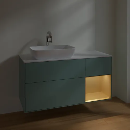 VILLEROY BOCH Toaletní skříňka Finion, s osvětlením, 3 výsuvy, 1200 x 603 x 501 mm, olivový matný lak / zlatý matný lak / bílé matné sklo #F811HFGM, obrázek 5