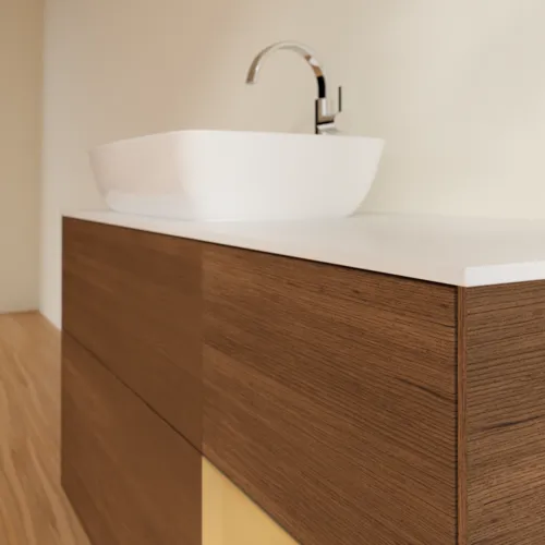 VILLEROY BOCH Toaletní skříňka Finion, s osvětlením, 3 výsuvy, 1200 x 603 x 501 mm, ořechová dýha / zlatý matný lak / sklo bílé matné #F811HFGN, obrázek 6