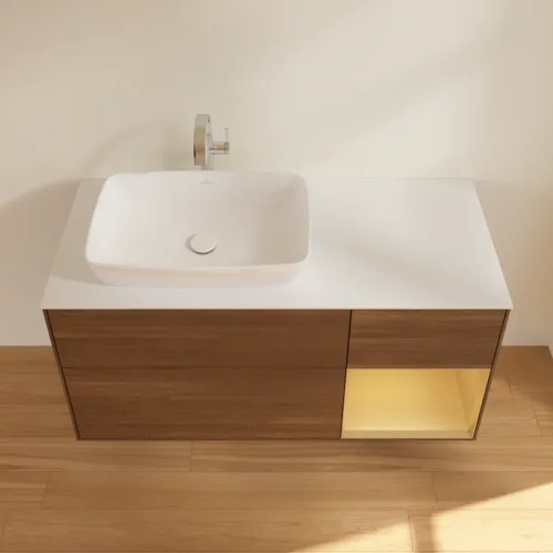 VILLEROY BOCH Toaletní skříňka Finion, s osvětlením, 3 výsuvy, 1200 x 603 x 501 mm, ořechová dýha / zlatý matný lak / sklo bílé matné #F811HFGN, obrázek 4