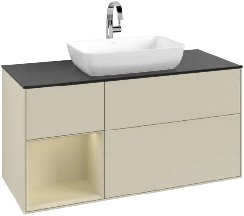 VILLEROY BOCH Toaletní skříňka Finion, s osvětlením, 3 výsuvy, 1200 x 603 x 501 mm, Silk Grey Matt Lacquer / Silk Grey Matt Lacquer / Glass Black Matt #F822HJHJ