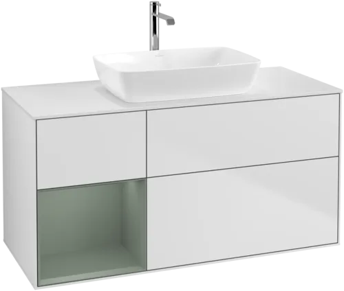 VILLEROY BOCH Toaletní skříňka Finion, s osvětlením, 3 výsuvy, 1200 x 603 x 501 mm, bílý matný lak / olivový matný lak / sklo bílé matné #F821GMMT
