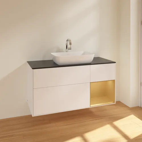 VILLEROY BOCH Toaletní skříňka Finion, s osvětlením, 3 výsuvy, 1200 x 603 x 501 mm, bílý matný lak / zlatý matný lak / černé matné sklo #F832HFMT, obrázek 2