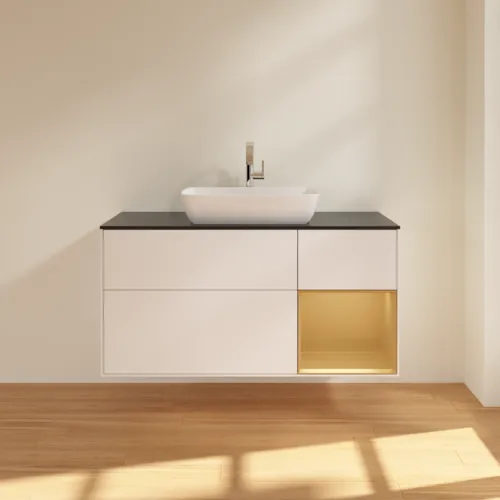 VILLEROY BOCH Toaletní skříňka Finion, s osvětlením, 3 výsuvy, 1200 x 603 x 501 mm, bílý matný lak / zlatý matný lak / černé matné sklo #F832HFMT, obrázek 3