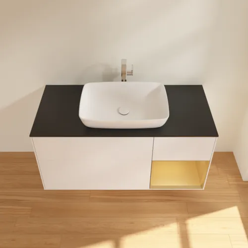 VILLEROY BOCH Toaletní skříňka Finion, s osvětlením, 3 výsuvy, 1200 x 603 x 501 mm, bílý matný lak / zlatý matný lak / černé matné sklo #F832HFMT, obrázek 4