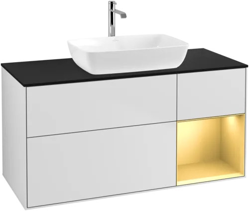 VILLEROY BOCH Toaletní skříňka Finion, s osvětlením, 3 výsuvy, 1200 x 603 x 501 mm, bílý matný lak / zlatý matný lak / černé matné sklo #F832HFMT, obrázek 1