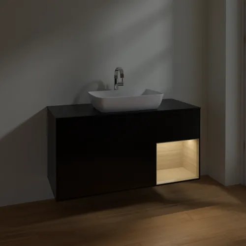 VILLEROY BOCH Toaletní skříňka Finion, s osvětlením, 3 výsuvy, 1200 x 603 x 501 mm, černý matný lak / dubová dýha / černé matné sklo #F832PCPD, obrázek 5