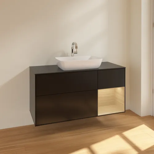 VILLEROY BOCH Toaletní skříňka Finion, s osvětlením, 3 výsuvy, 1200 x 603 x 501 mm, černý matný lak / dubová dýha / černé matné sklo #F832PCPD, obrázek 2