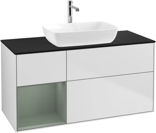 VILLEROY BOCH Toaletní skříňka Finion, s osvětlením, 3 výsuvy, 1200 x 603 x 501 mm, bílý matný lak / olivový matný lak / černé matné sklo #F822GMMT