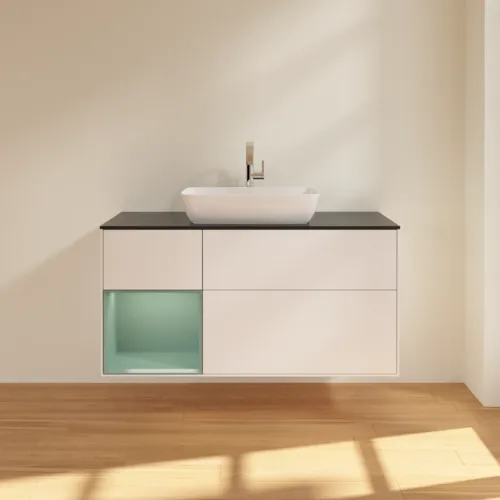 VILLEROY BOCH Toaletní skříňka Finion, s osvětlením, 3 výsuvy, 1200 x 603 x 501 mm, bílý matný lak / olivový matný lak / černé matné sklo #F822GMMT, obrázek 3