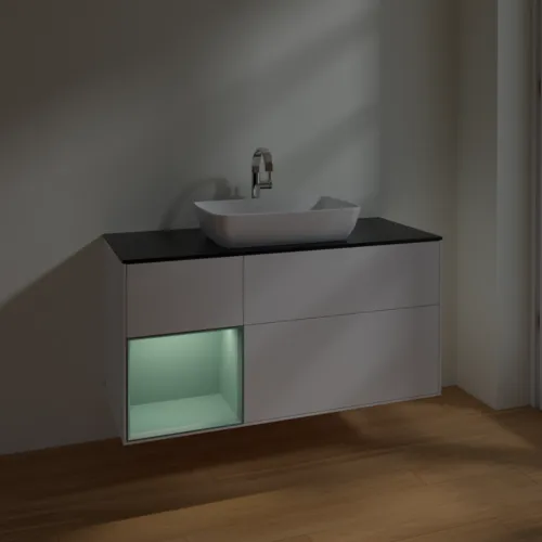 VILLEROY BOCH Toaletní skříňka Finion, s osvětlením, 3 výsuvy, 1200 x 603 x 501 mm, bílý matný lak / olivový matný lak / černé matné sklo #F822GMMT, obrázek 5