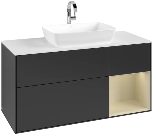 VILLEROY BOCH Toaletní skříňka Finion, s osvětlením, 3 výsuvy, 1200 x 603 x 501 mm, černý matný lak / hedvábně šedý matný lak / bílé matné sklo #F831HJPD