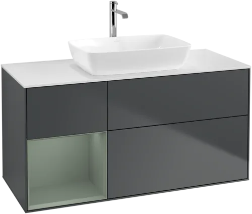 VILLEROY BOCH Toaletní skříňka Finion, s osvětlením, 3 výsuvy, 1200 x 603 x 501 mm, Midnight Blue Matt Lacquer / Olive Matt Lacquer / Glass White Matt #F821GMHG