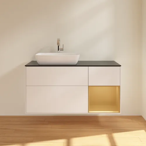 VILLEROY BOCH Toaletní skříňka Finion, s osvětlením, 3 výsuvy, 1200 x 603 x 501 mm, bílý matný lak / zlatý matný lak / černé matné sklo #F812HFMT, obrázek 3