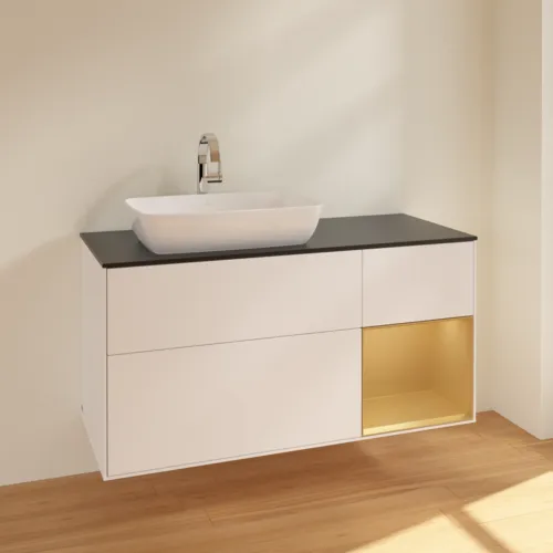 VILLEROY BOCH Toaletní skříňka Finion, s osvětlením, 3 výsuvy, 1200 x 603 x 501 mm, bílý matný lak / zlatý matný lak / černé matné sklo #F812HFMT, obrázek 2