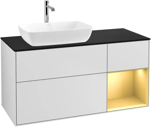 VILLEROY BOCH Toaletní skříňka Finion, s osvětlením, 3 výsuvy, 1200 x 603 x 501 mm, bílý matný lak / zlatý matný lak / černé matné sklo #F812HFMT, obrázek 1