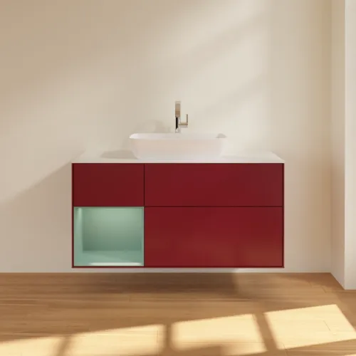VILLEROY BOCH Toaletní skříňka Finion, s osvětlením, 3 výsuvy, 1200 x 603 x 501 mm, Pivoňka matný lak / Olivový matný lak / Sklo bílé matné #F821GMHB, obrázek 3