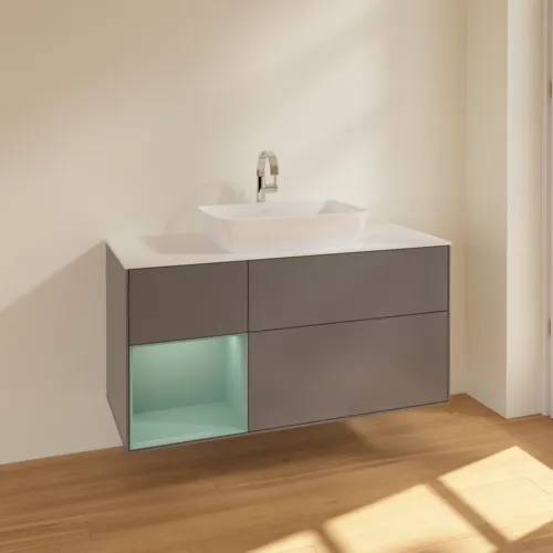 VILLEROY BOCH Toaletní skříňka Finion, s osvětlením, 3 výsuvy, 1200 x 603 x 501 mm, antracitový matný lak / olivový matný lak / bílé matné sklo #F821GMGK, obrázek 2