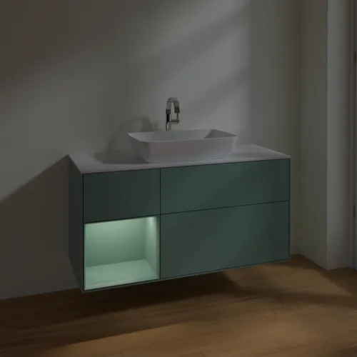 VILLEROY BOCH Toaletní skříňka Finion, s osvětlením, 3 výsuvy, 1200 x 603 x 501 mm, olivově matný lak / olivově matný lak / sklo bílé matné #F821GMGM, obrázek 5