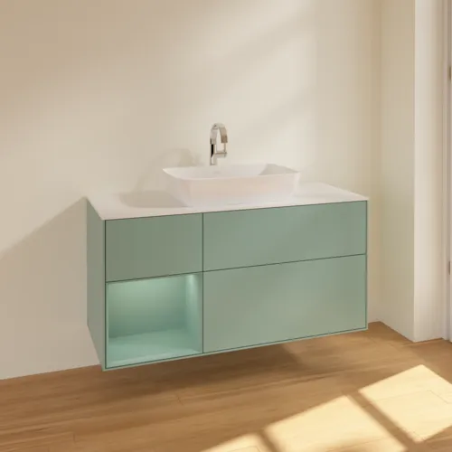 VILLEROY BOCH Toaletní skříňka Finion, s osvětlením, 3 výsuvy, 1200 x 603 x 501 mm, olivově matný lak / olivově matný lak / sklo bílé matné #F821GMGM, obrázek 2