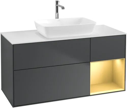 VILLEROY BOCH Toaletní skříňka Finion, s osvětlením, 3 výsuvy, 1200 x 603 x 501 mm, Midnight Blue Matt Lacquer / Gold Matt Lacquer / Glass White Matt #F831HFHG, obrázek 1