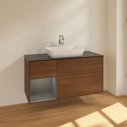 VILLEROY BOCH Toaletní skříňka Finion, s osvětlením, 3 výsuvy, 1200 x 603 x 501 mm, ořechová dýha / antracitový matný lak / černé matné sklo #F822GKGN, obrázek 2
