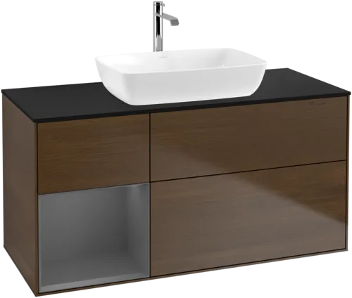 VILLEROY BOCH Toaletní skříňka Finion, s osvětlením, 3 výsuvy, 1200 x 603 x 501 mm, ořechová dýha / antracitový matný lak / černé matné sklo #F822GKGN