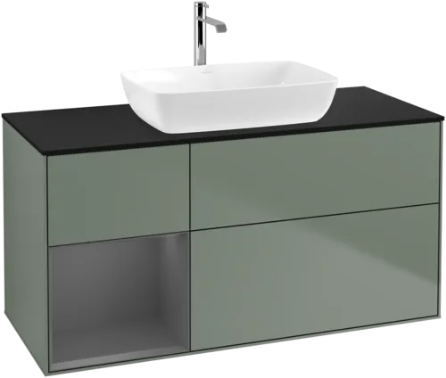 VILLEROY BOCH Toaletní skříňka Finion, s osvětlením, 3 výsuvy, 1200 x 603 x 501 mm, olivový matný lak / antracitový matný lak / černé matné sklo #F822GKGM